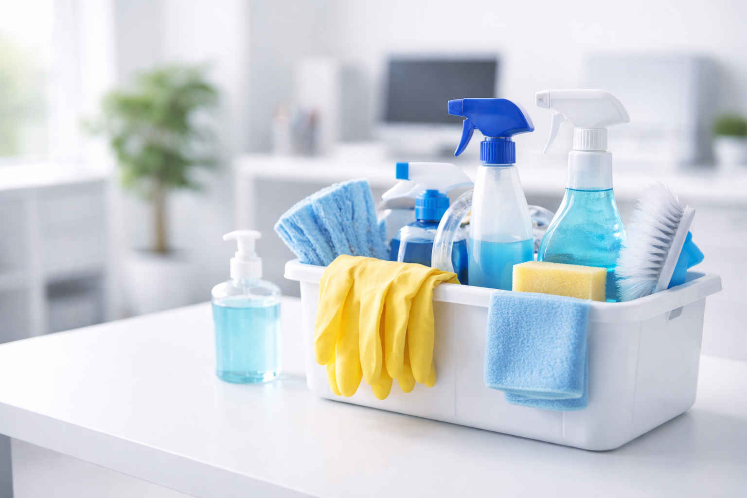 Neatly organized professional cleaning supplies